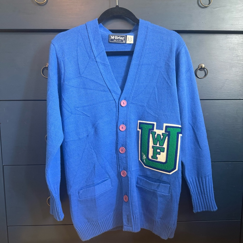 Vintage UWF Blue Cardigan Sweater with Patch